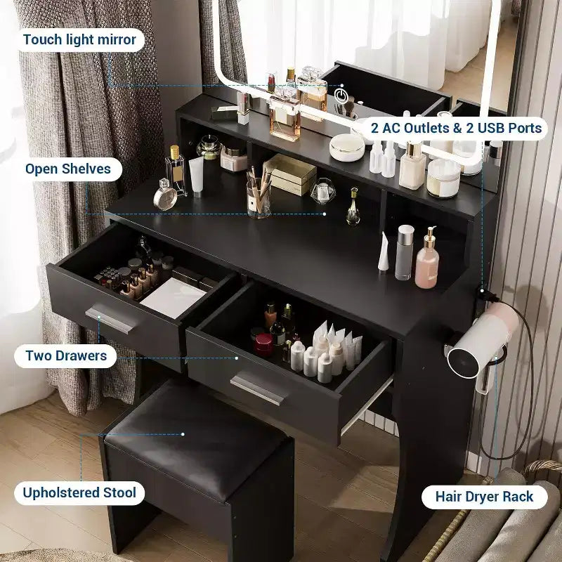 Coiffeuse de 80 cm de large avec miroir, station de recharge et tabouret, ensemble de coiffeuse compact en bois pour chambre de fille, dortoir, appartement