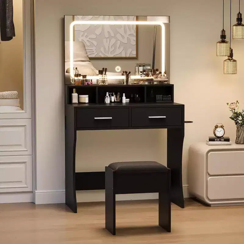 Coiffeuse de 80 cm de large avec miroir, station de recharge et tabouret, ensemble de coiffeuse compact en bois pour chambre de fille, dortoir, appartement
