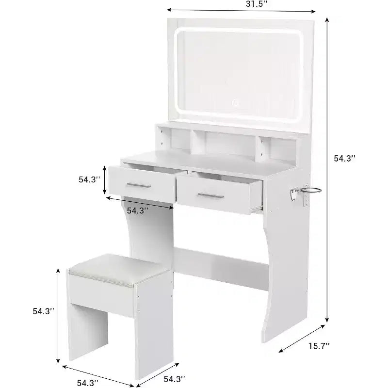 Coiffeuse de 80 cm de large avec miroir, station de recharge et tabouret, ensemble de coiffeuse compact en bois pour chambre de fille, dortoir, appartement