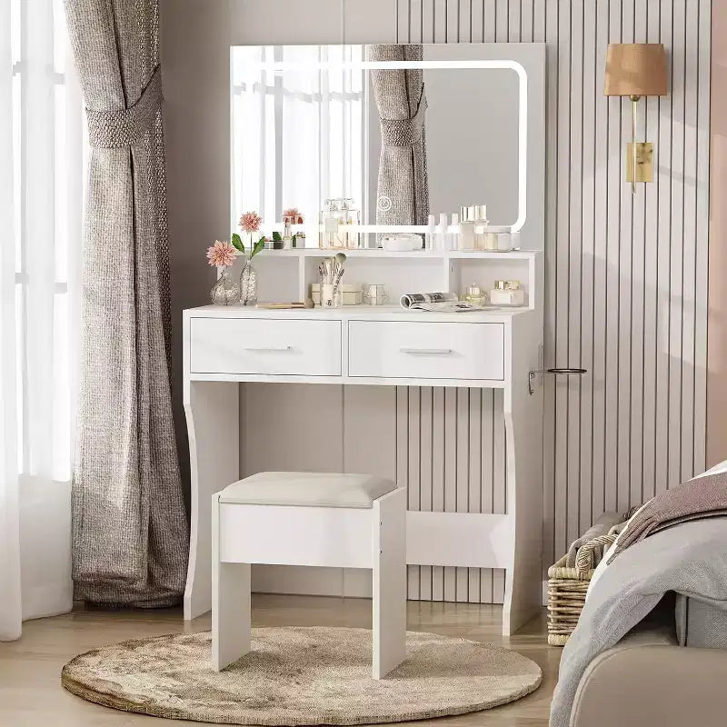 Coiffeuse de 80 cm de large avec miroir, station de recharge et tabouret, ensemble de coiffeuse compact en bois pour chambre de fille, dortoir, appartement
