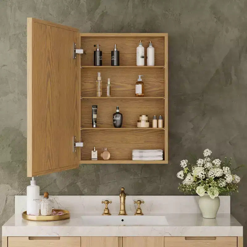 Armoire murale de salle de bain en bois de chêne avec miroir et étagères réglables, meuble de rangement mural avec miroir pour salle de bain