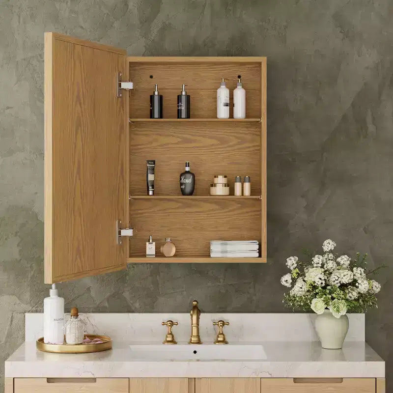 Armoire murale de salle de bain en bois de chêne avec miroir et étagères réglables, meuble de rangement mural avec miroir pour salle de bain