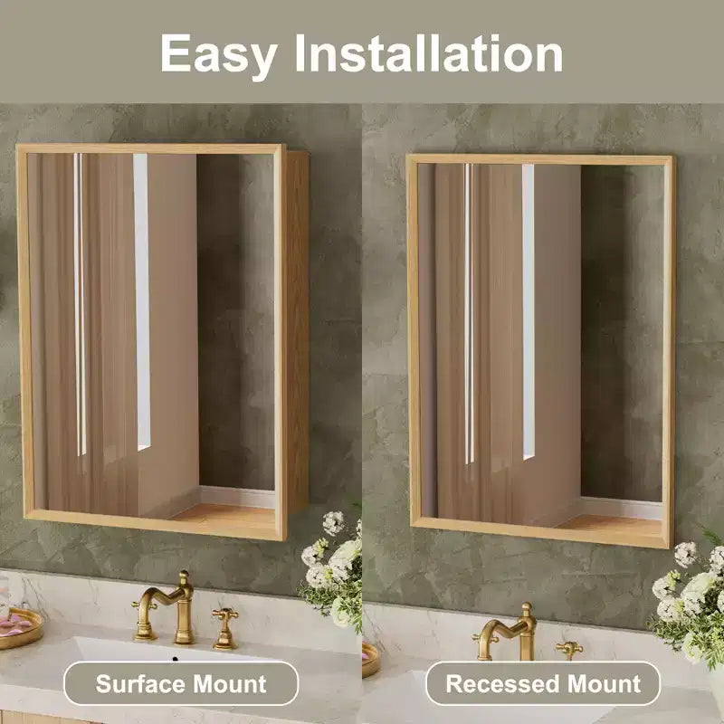 Armoire murale de salle de bain en bois de chêne avec miroir et étagères réglables, meuble de rangement mural avec miroir pour salle de bain