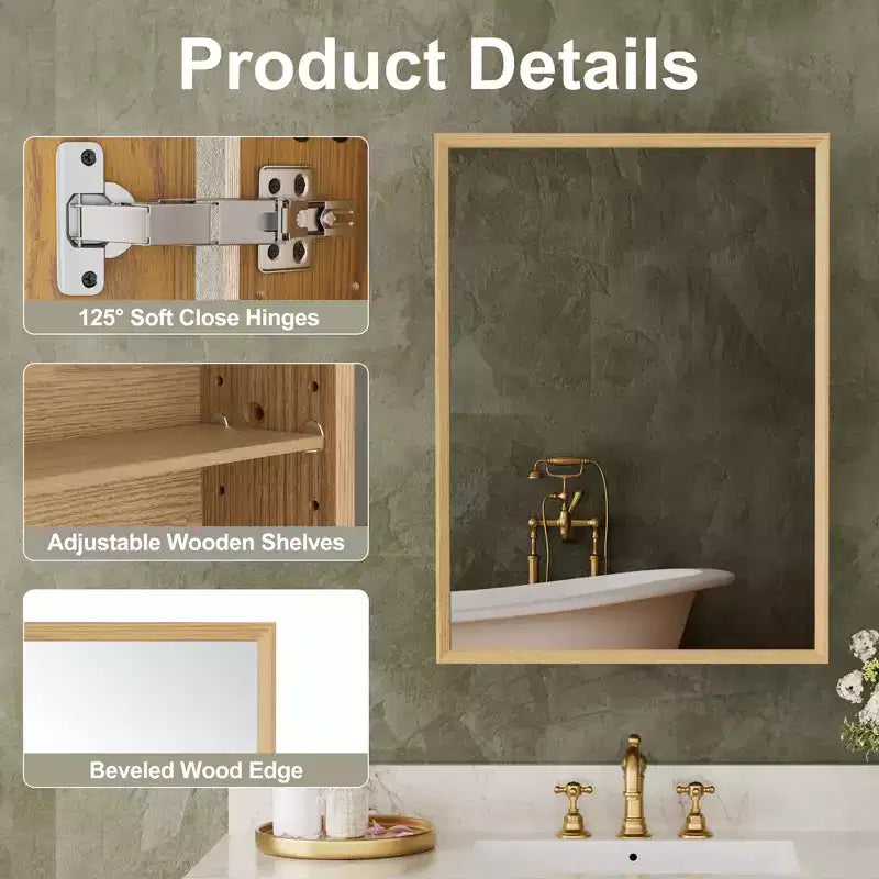 Armoire murale de salle de bain en bois de chêne avec miroir et étagères réglables, meuble de rangement mural avec miroir pour salle de bain