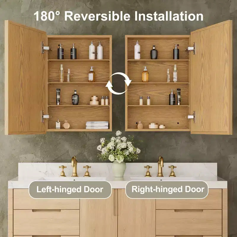 Armoire murale de salle de bain en bois de chêne avec miroir et étagères réglables, meuble de rangement mural avec miroir pour salle de bain