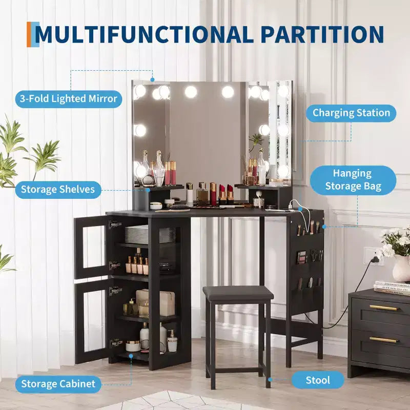 Coiffeuse d'Angle avec Tabouret et Miroir, Grande Table de Maquillage avec Rangement, Ensemble Coiffeuse pour Chambre à Coucher et Petits Espaces