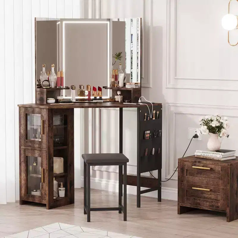 Coiffeuse d'Angle avec Tabouret et Miroir, Grande Table de Maquillage avec Rangement, Ensemble Coiffeuse pour Chambre à Coucher et Petits Espaces