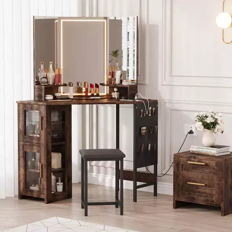 Coiffeuse d'Angle avec Tabouret et Miroir, Grande Table de Maquillage avec Rangement, Ensemble Coiffeuse pour Chambre à Coucher et Petits Espaces
