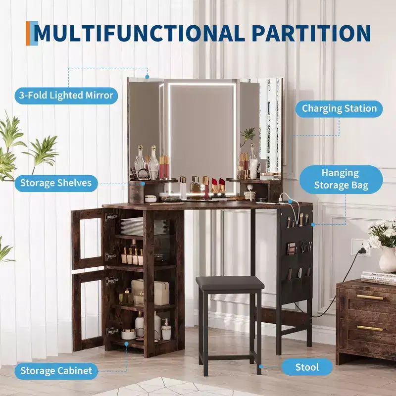 Coiffeuse d'Angle avec Tabouret et Miroir, Grande Table de Maquillage avec Rangement, Ensemble Coiffeuse pour Chambre à Coucher et Petits Espaces