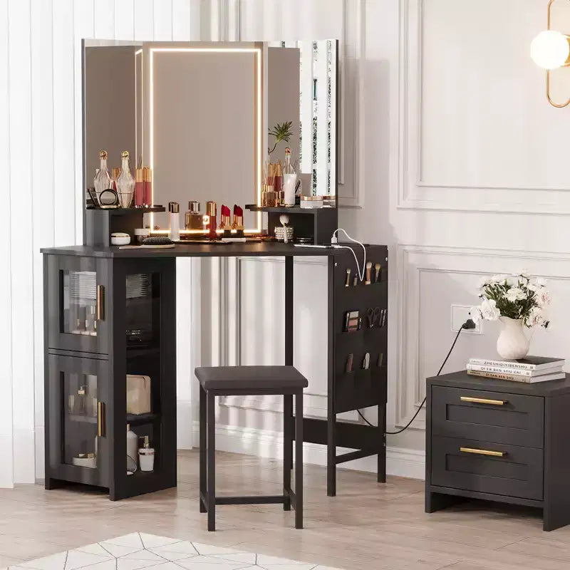 Coiffeuse d'Angle avec Tabouret et Miroir, Grande Table de Maquillage avec Rangement, Ensemble Coiffeuse pour Chambre à Coucher et Petits Espaces