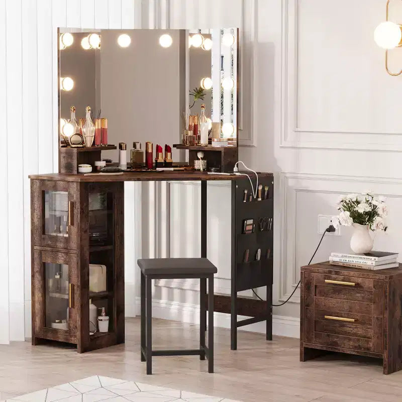 Coiffeuse d'Angle avec Tabouret et Miroir, Grande Table de Maquillage avec Rangement, Ensemble Coiffeuse pour Chambre à Coucher et Petits Espaces