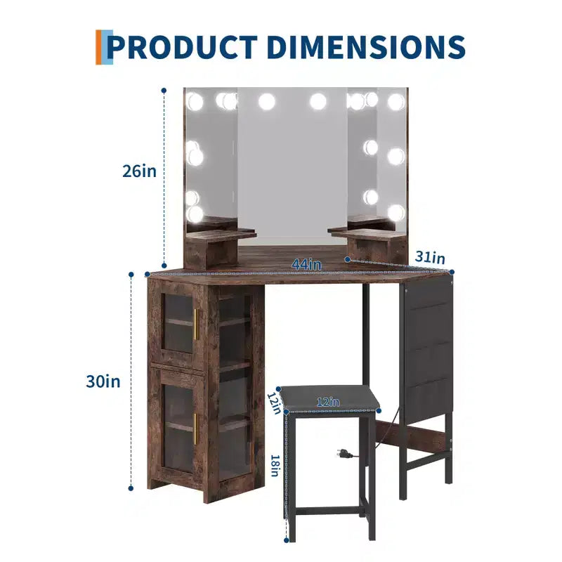 Coiffeuse d'Angle avec Tabouret et Miroir, Grande Table de Maquillage avec Rangement, Ensemble Coiffeuse pour Chambre à Coucher et Petits Espaces