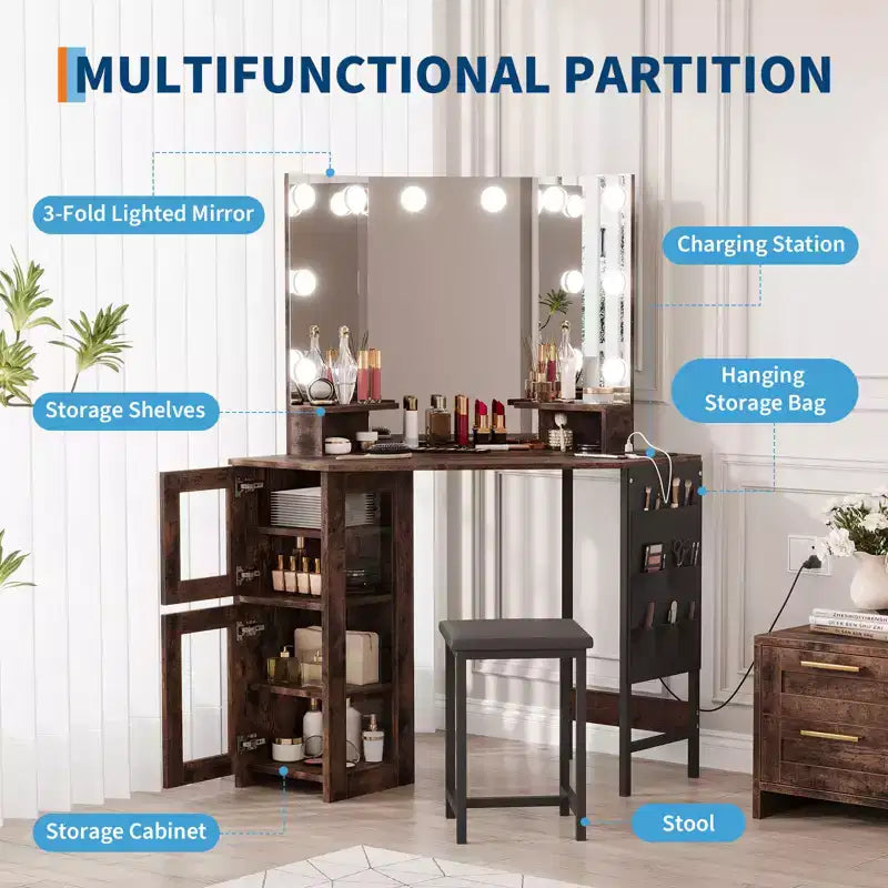 Coiffeuse d'Angle avec Tabouret et Miroir, Grande Table de Maquillage avec Rangement, Ensemble Coiffeuse pour Chambre à Coucher et Petits Espaces