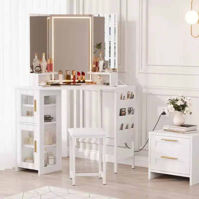 Coiffeuse d'Angle avec Tabouret et Miroir, Grande Table de Maquillage avec Rangement, Ensemble Coiffeuse pour Chambre à Coucher et Petits Espaces