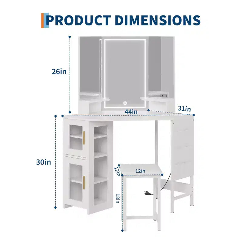 Coiffeuse d'Angle avec Tabouret et Miroir, Grande Table de Maquillage avec Rangement, Ensemble Coiffeuse pour Chambre à Coucher et Petits Espaces