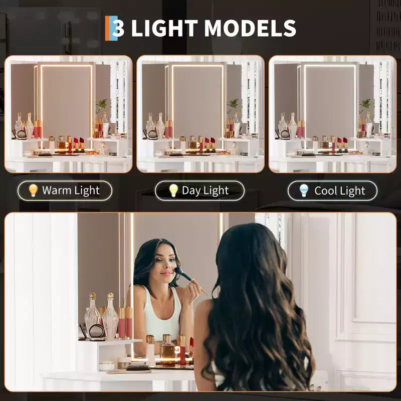 Coiffeuse d'Angle avec Tabouret et Miroir, Grande Table de Maquillage avec Rangement, Ensemble Coiffeuse pour Chambre à Coucher et Petits Espaces