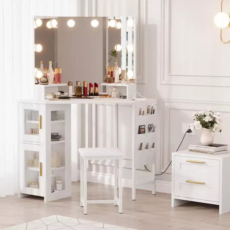 Coiffeuse d'Angle avec Tabouret et Miroir, Grande Table de Maquillage avec Rangement, Ensemble Coiffeuse pour Chambre à Coucher et Petits Espaces