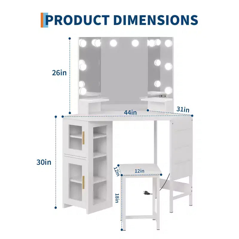 Coiffeuse d'Angle avec Tabouret et Miroir, Grande Table de Maquillage avec Rangement, Ensemble Coiffeuse pour Chambre à Coucher et Petits Espaces
