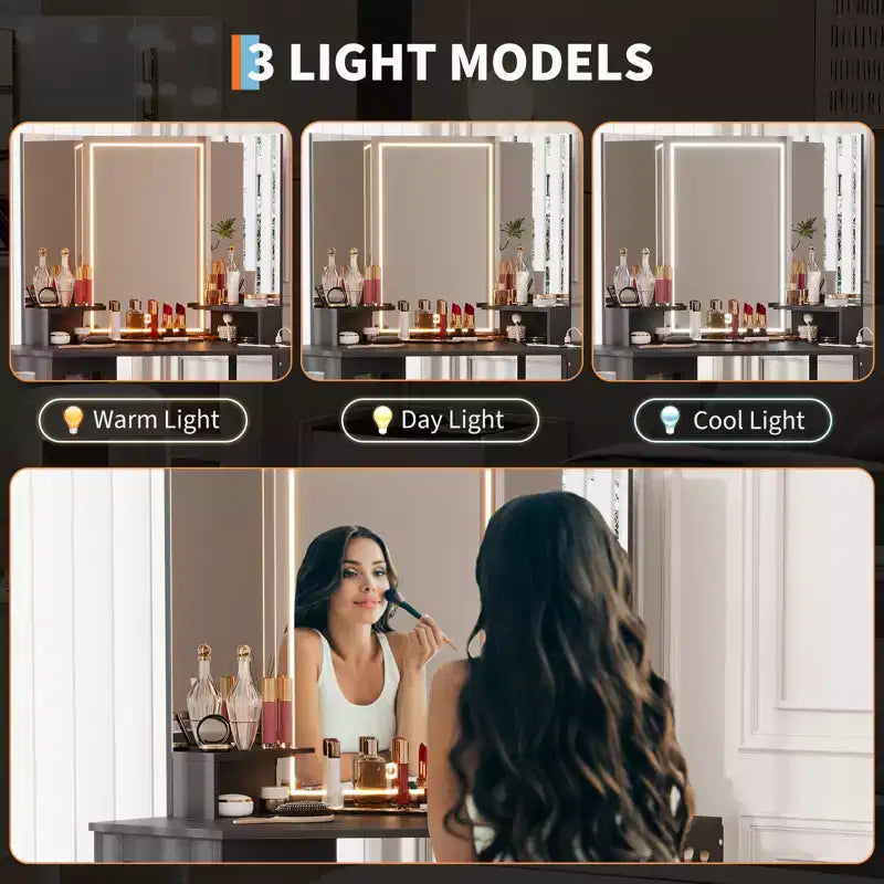 Coiffeuse d'Angle avec Tabouret et Miroir, Grande Table de Maquillage avec Rangement, Ensemble Coiffeuse pour Chambre à Coucher et Petits Espaces