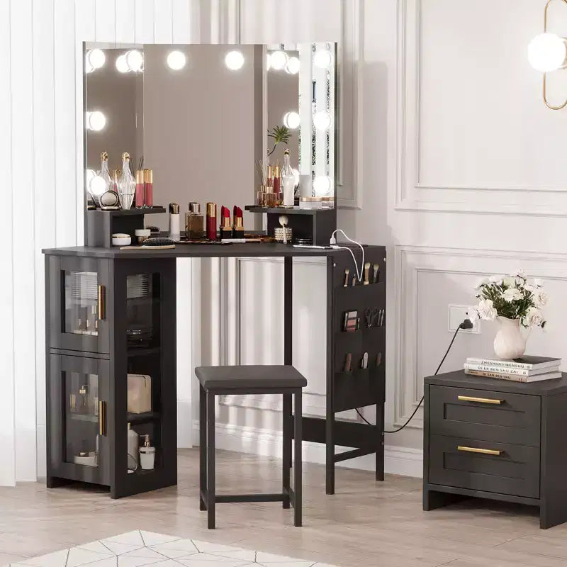 Coiffeuse d'Angle avec Tabouret et Miroir, Grande Table de Maquillage avec Rangement, Ensemble Coiffeuse pour Chambre à Coucher et Petits Espaces