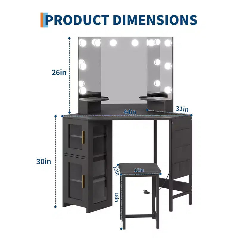 Coiffeuse d'Angle avec Tabouret et Miroir, Grande Table de Maquillage avec Rangement, Ensemble Coiffeuse pour Chambre à Coucher et Petits Espaces