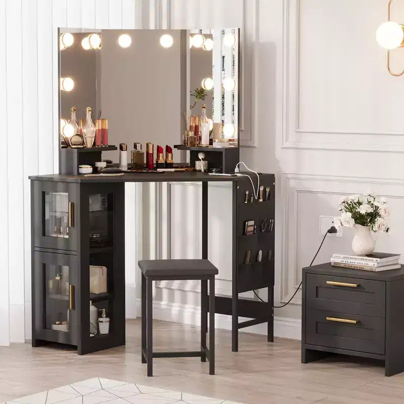 Coiffeuse d'Angle avec Tabouret et Miroir, Grande Table de Maquillage avec Rangement, Ensemble Coiffeuse pour Chambre à Coucher et Petits Espaces