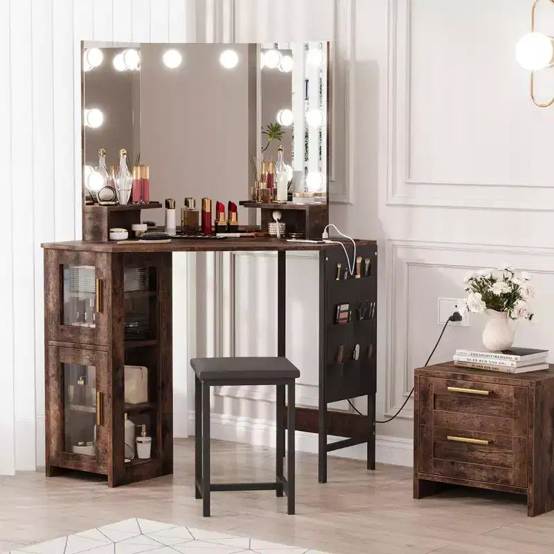Coiffeuse d'Angle avec Tabouret et Miroir, Grande Table de Maquillage avec Rangement, Ensemble Coiffeuse pour Chambre à Coucher et Petits Espaces