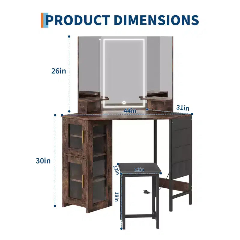 Coiffeuse d'Angle avec Tabouret et Miroir, Grande Table de Maquillage avec Rangement, Ensemble Coiffeuse pour Chambre à Coucher et Petits Espaces