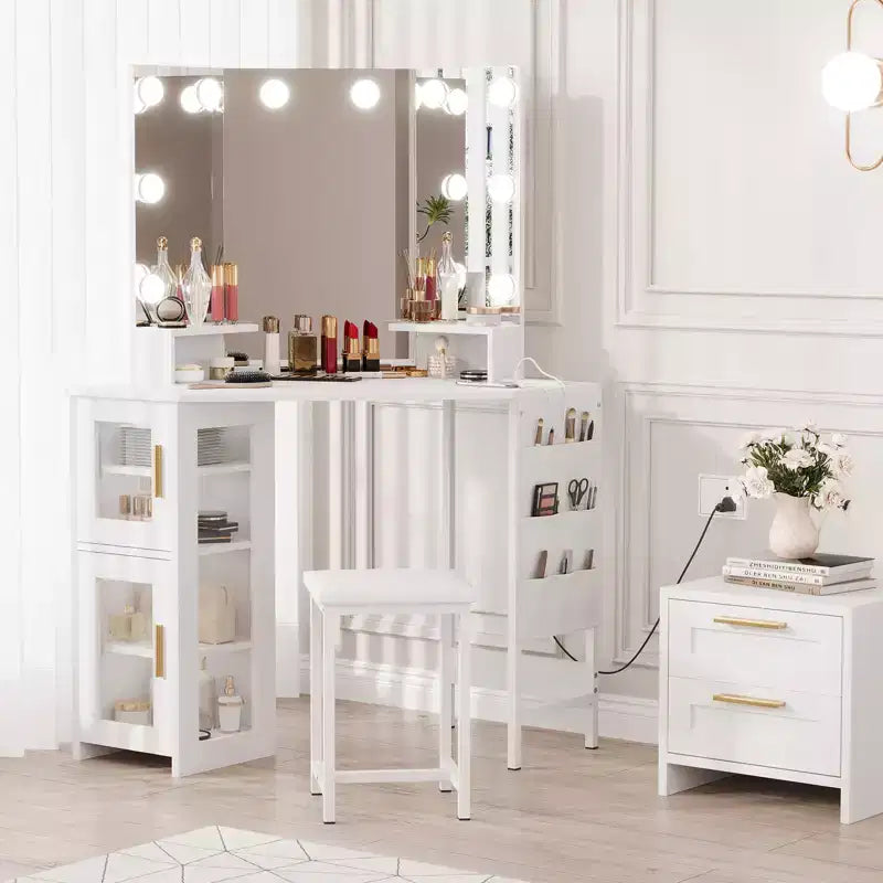 Coiffeuse d'Angle avec Tabouret et Miroir, Grande Table de Maquillage avec Rangement, Ensemble Coiffeuse pour Chambre à Coucher et Petits Espaces