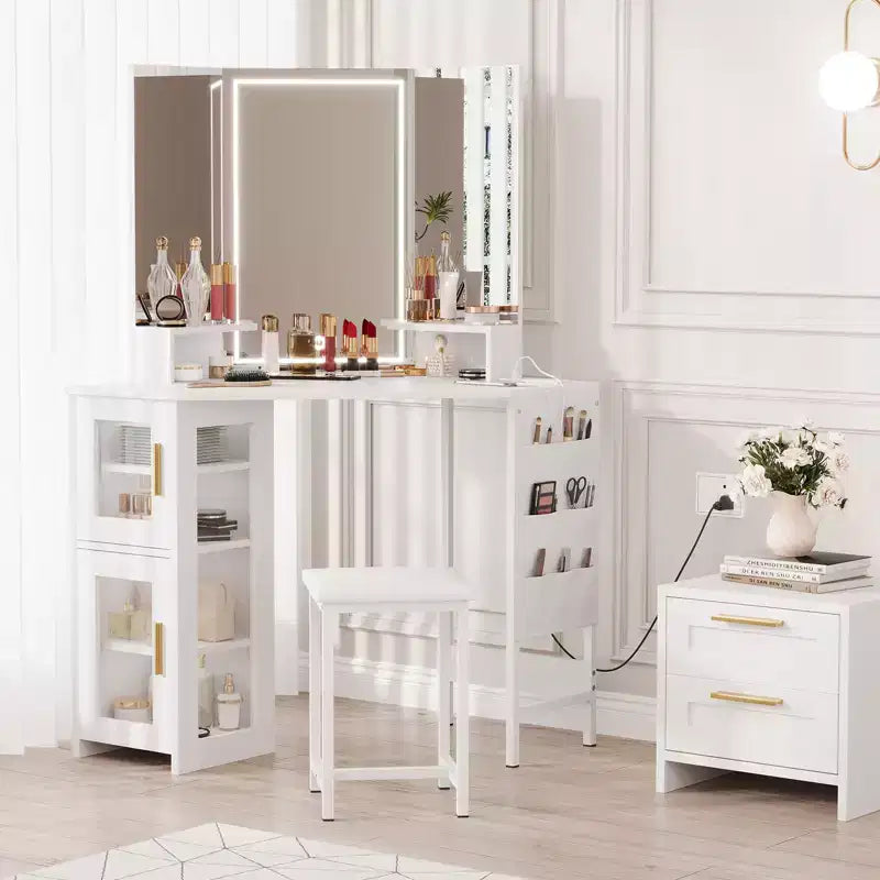 Coiffeuse d'Angle avec Tabouret et Miroir, Grande Table de Maquillage avec Rangement, Ensemble Coiffeuse pour Chambre à Coucher et Petits Espaces