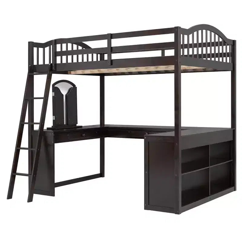 Lit mezzanine en bois pleine grandeur avec bureau en U intégré, coiffeuse miroir et étagères de rangement