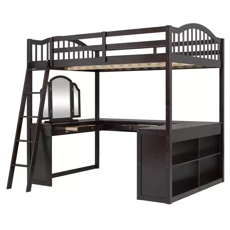 Lit mezzanine en bois pleine grandeur avec bureau en U intégré, coiffeuse miroir et étagères de rangement