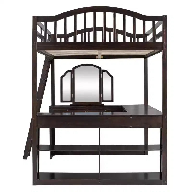 Lit mezzanine en bois pleine grandeur avec bureau en U intégré, coiffeuse miroir et étagères de rangement