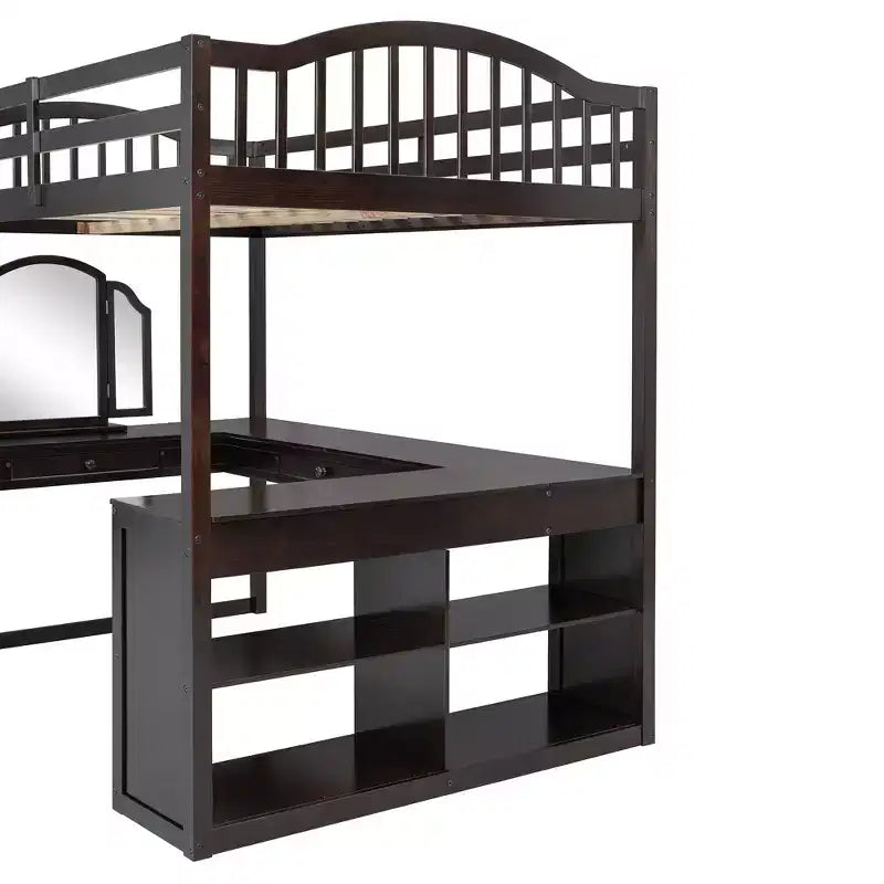 Lit mezzanine en bois pleine grandeur avec bureau en U intégré, coiffeuse miroir et étagères de rangement