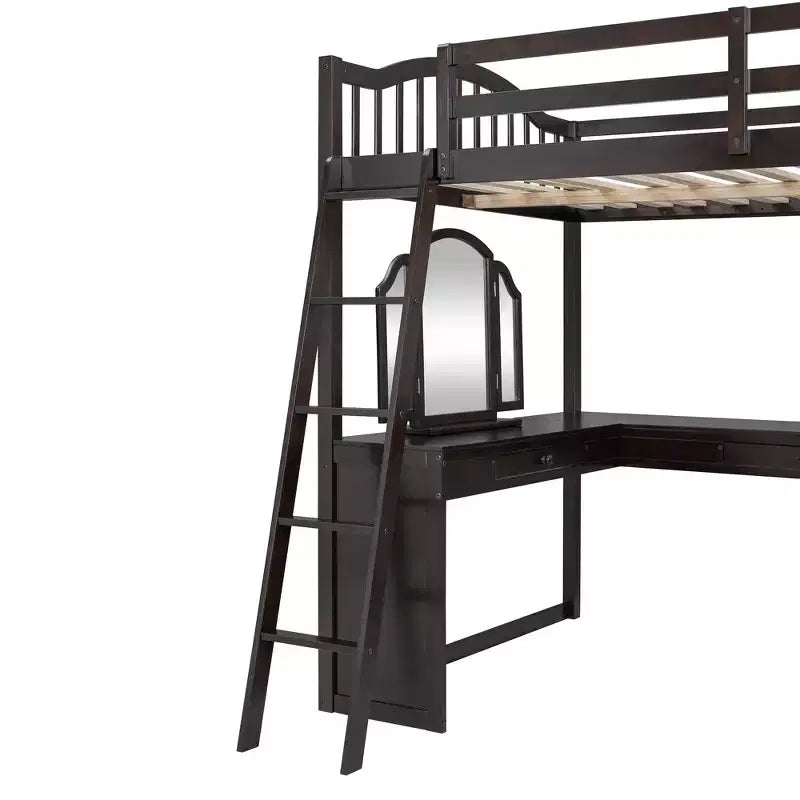 Lit mezzanine en bois pleine grandeur avec bureau en U intégré, coiffeuse miroir et étagères de rangement