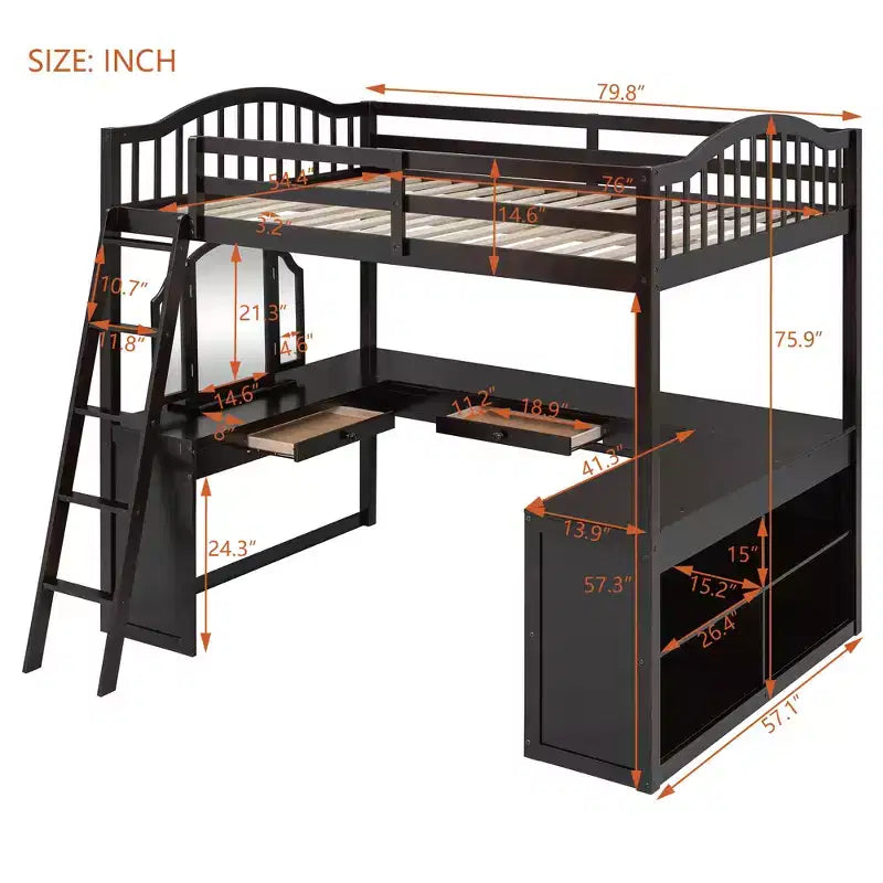 Lit mezzanine en bois pleine grandeur avec bureau en U intégré, coiffeuse miroir et étagères de rangement