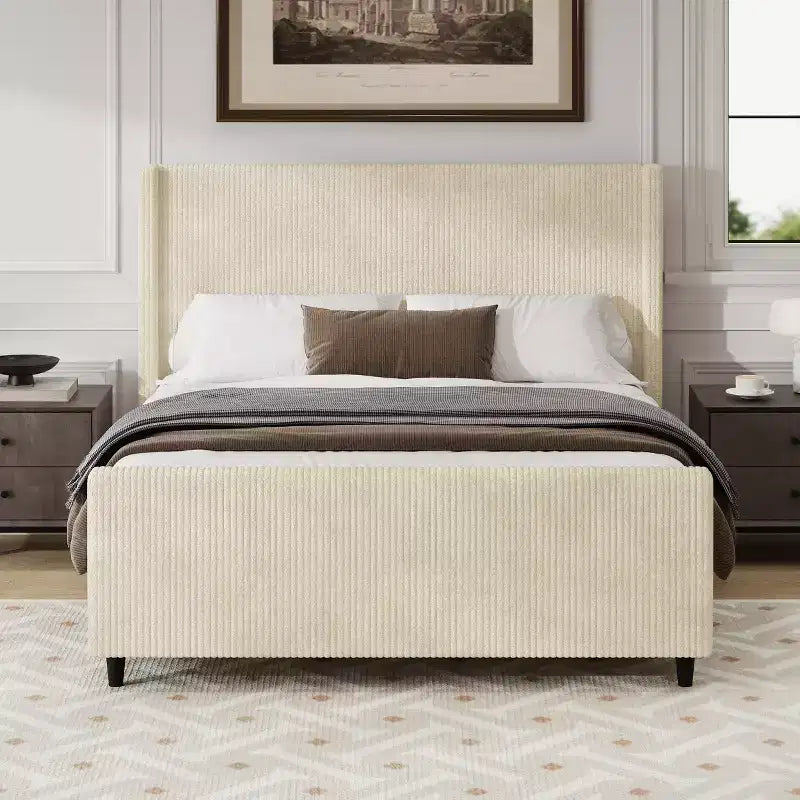 Cadre de lit Wingback en velours côtelé crème avec support robuste à lattes en bois