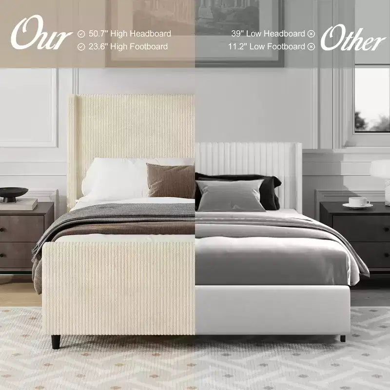 Cadre de lit Wingback en velours côtelé crème avec support robuste à lattes en bois