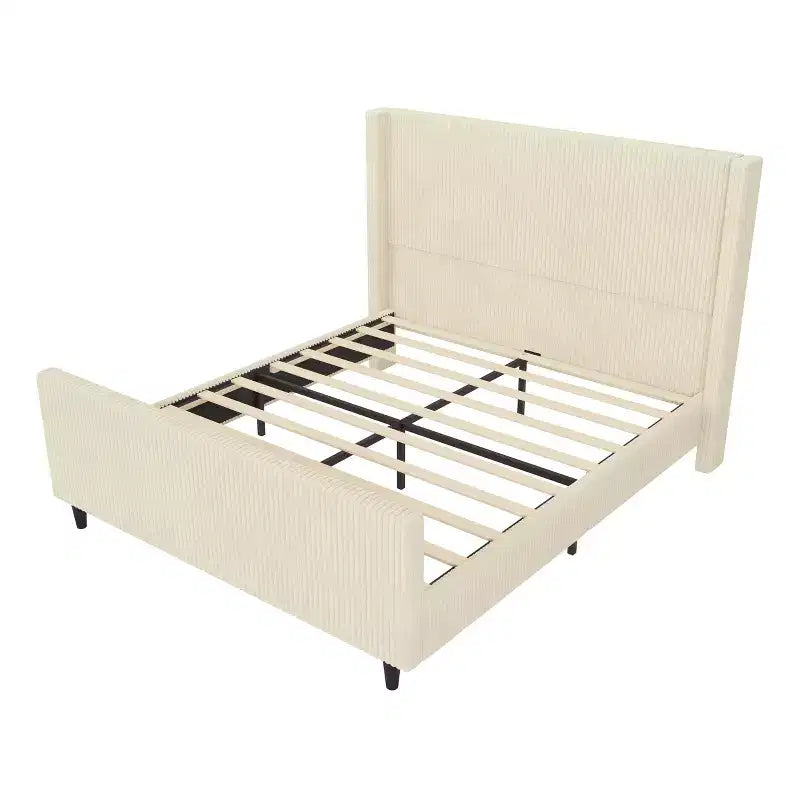 Cadre de lit Wingback en velours côtelé crème avec support robuste à lattes en bois