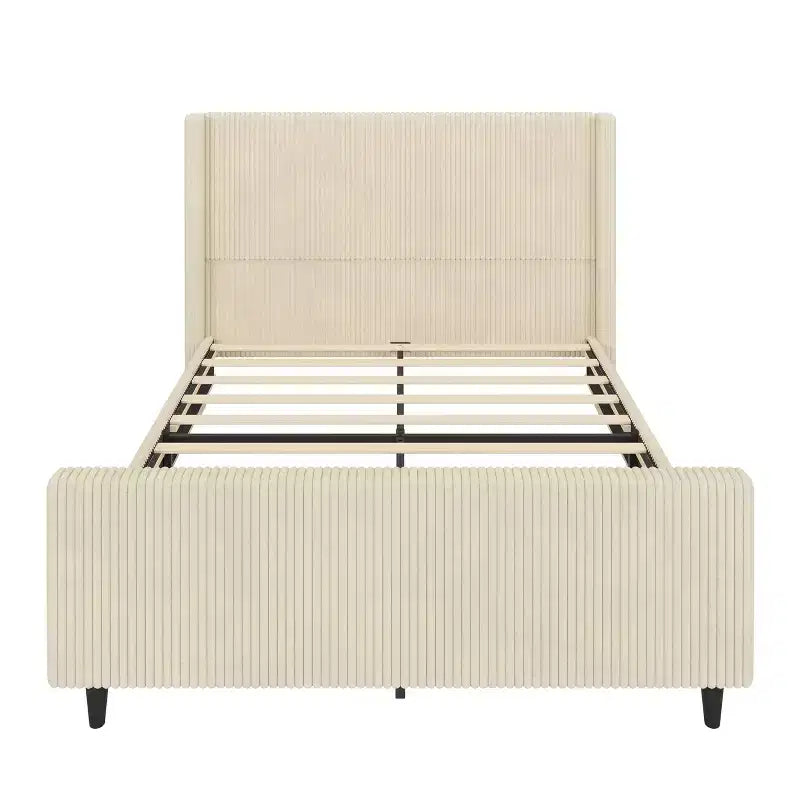 Cadre de lit Wingback en velours côtelé crème avec support robuste à lattes en bois