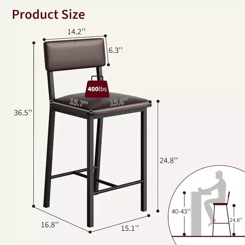 Tabourets de bar, tabourets de comptoir avec dossier, cuir PU rembourré et pieds en métal épais, chaises d'îlot de cuisine
