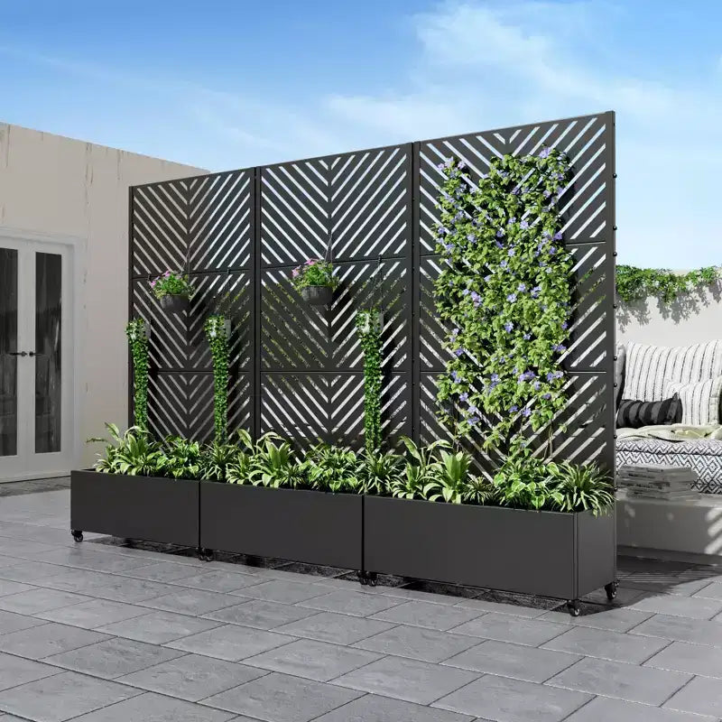 Jardinière avec treillis en fer noir, motif lignes parallèles, style 01, 47x47x16po