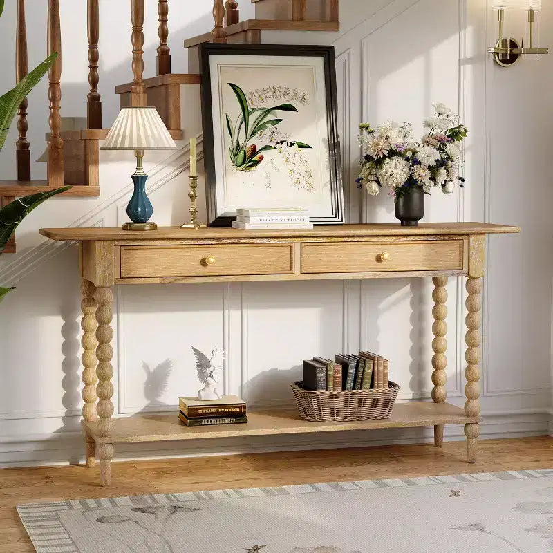 Console de table en bois rétro Eleanor avec 2 tiroirs et étagère