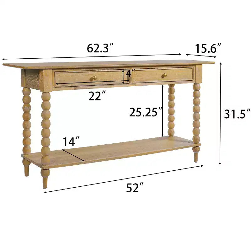 Console de table en bois rétro Eleanor avec 2 tiroirs et étagère