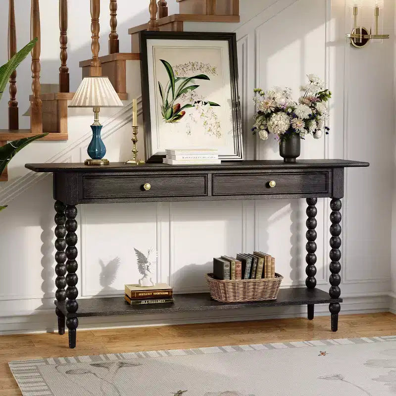 Console de table en bois rétro Eleanor avec 2 tiroirs et étagère