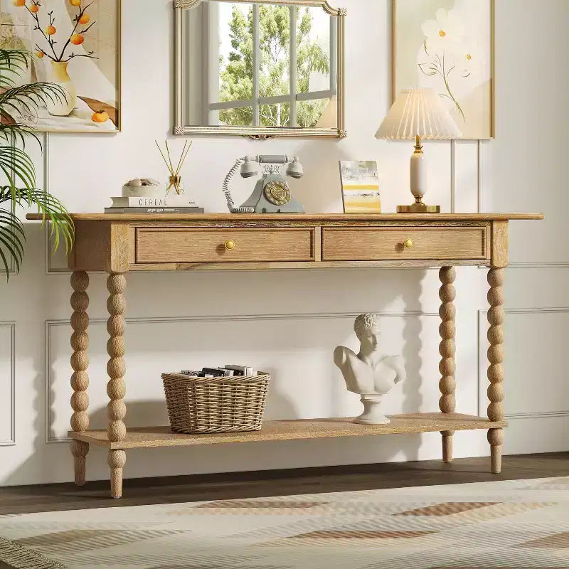 Console de table en bois rétro Eleanor avec 2 tiroirs et étagère