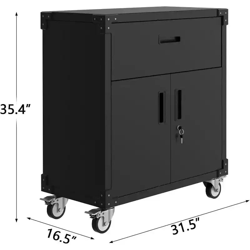Armoires de rangement de garage robustes roulantes avec roulettes, armoire à outils en métal avec tiroir, étagère réglable et serrures pour entrepôt, atelier, noir