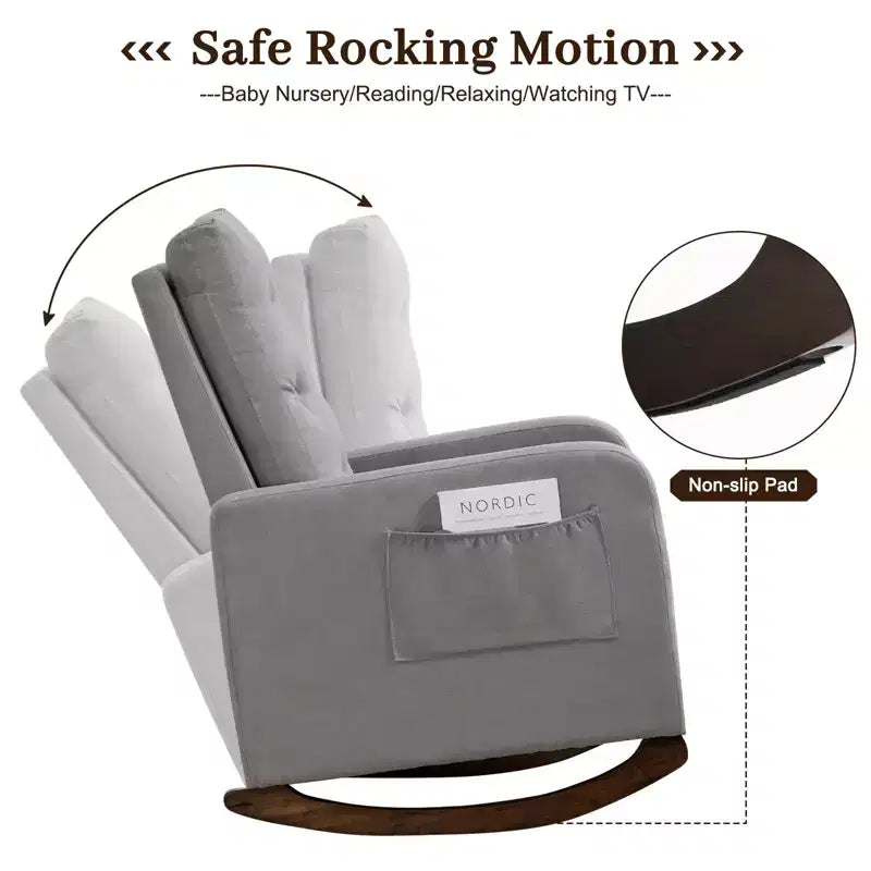 Fauteuil à bascule pour chambre d'enfant, fauteuil inclinable planeur d'intérieur avec accoudoirs, poches latérales, fauteuil rembourré confortable à dossier haut