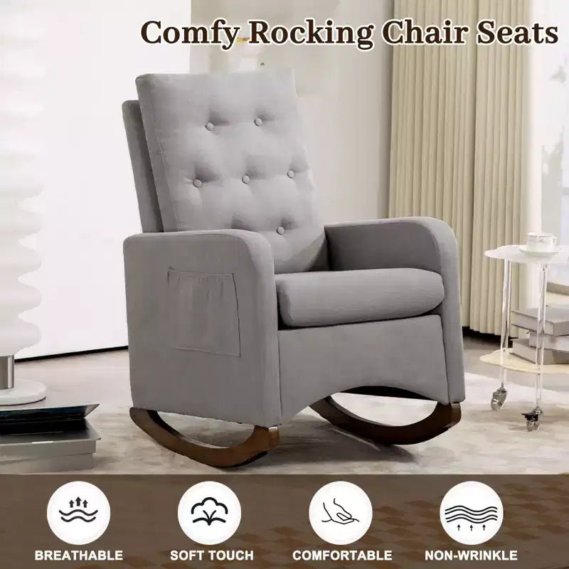 Fauteuil à bascule pour chambre d'enfant, fauteuil inclinable planeur d'intérieur avec accoudoirs, poches latérales, fauteuil rembourré confortable à dossier haut