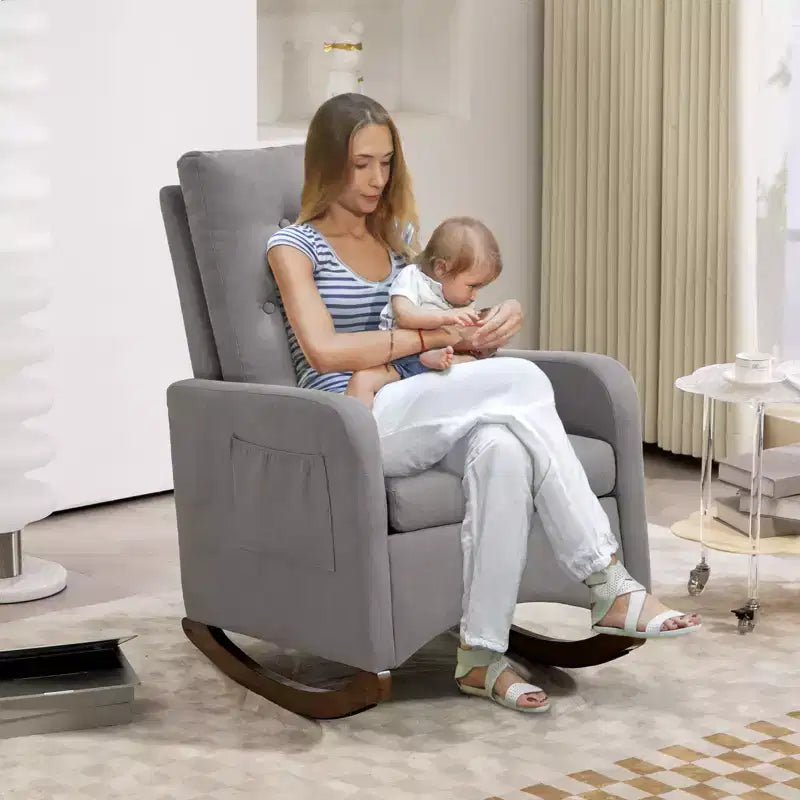 Fauteuil à bascule pour chambre d'enfant, fauteuil inclinable planeur d'intérieur avec accoudoirs, poches latérales, fauteuil rembourré confortable à dossier haut